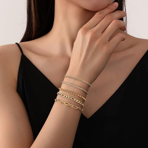 Gold Bracelet for Women Waterproof, 14K Gold Plated Stackable Link Bracelet Set Adjustable Paperclip Chain Cuban Rope Layered Jewelry Sets for Womens Mom Mother's Day Fashion Accessories
