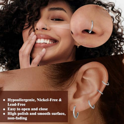3Pcs Nose Rings Hoops for Women Men, 18G Nose Hoops Gold/Silver | Hinged Clicker Septum Rings Tragus Conch Helix Daith Lip Body Piercing Jewelry 6/8/10mm - color: 3pcs/silver/18g
