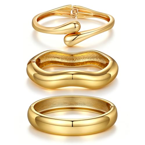 Chunky Gold Bangle Bracelets for Women Trendy 14K Gold Plated Cuff Bracelets Stack, Dainty Gold Bracelet Sets Non Tarnish Fashion Jewelry Gift - style: Gold-3pc-007