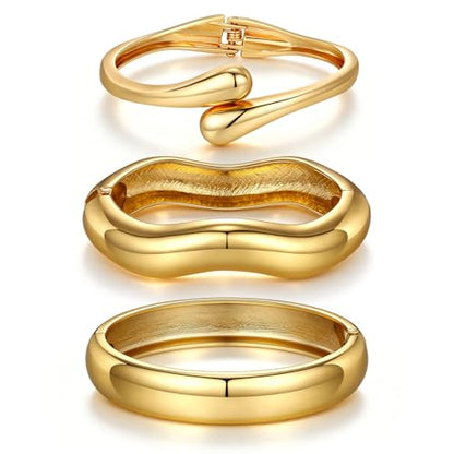 Chunky Gold Bangle Bracelets for Women Trendy 14K Gold Plated Cuff Bracelets Stack, Dainty Gold Bracelet Sets Non Tarnish Fashion Jewelry Gift - style: Gold-3pc-007
