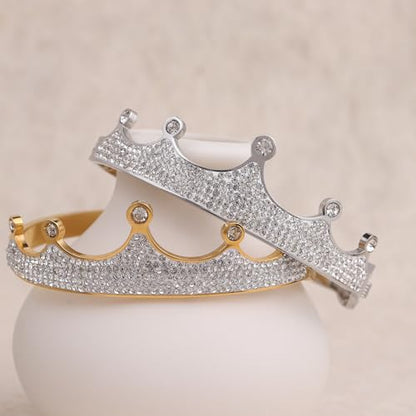 14k Gold Plated Cubic Zirconia Bangle Classic Bracelets for Woman, Sparkly Rhinestones Crown Bangle Stainless Steel Stackable Cuff Bracelet Trendy Statement Jewelry Gifts - color: GoldCrown