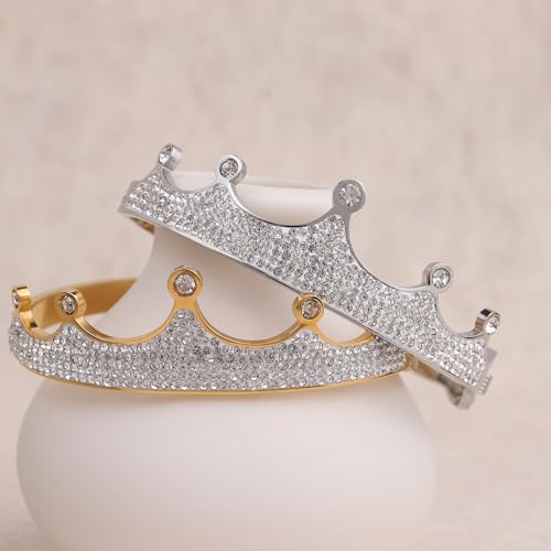 14k Gold Plated Cubic Zirconia Bangle Classic Bracelets for Woman, Sparkly Rhinestones Crown Bangle Stainless Steel Stackable Cuff Bracelet Trendy Statement Jewelry Gifts - color: SilverCrown
