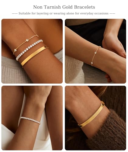 ZOERAY Silver Gold Bangle Bracelets for Women Non Tarnish 14k Gold Plated Stackable Cuff Bracelets for Women Trendy Cubic Zirconia Stainless Steel Chunky Bracelet Stack Set Waterproof Jewelry Gifts - color: D.Cubic Zirconia-Gold