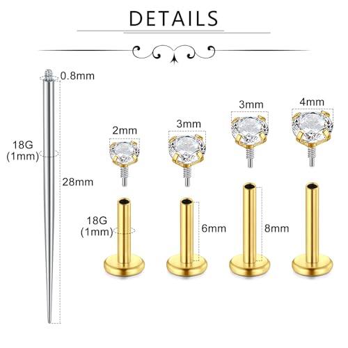 Incaton 18G Hypoallergenic Flat Back Stud Earrings, 316L Surgical Steel Internal Thread CZ Stud for Helix Tragus Cartilage Conch Nose Lip Rings Labret Piercing Jewelry For Women Gold/Silver Pack - color: GOLD