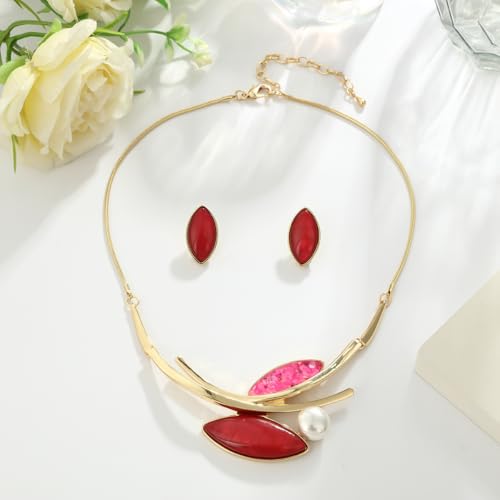 Vintage Statement Jewelry Set - Chunky Flower Floral Plant Geometric Resin Bib Necklace Earring Set Bohemian Boho Crystal Rhinestone Fashion Jewelry for Women Bridal Party Prom Unique Gift - style: MLJS2614-Red