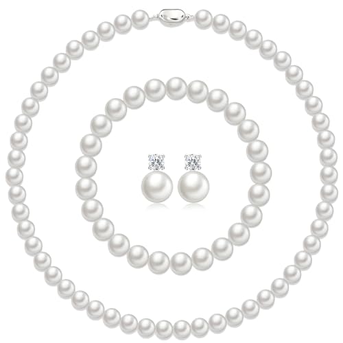 Pearl Necklaces for Women,8mm Pearl Necklace and Earring Bracelet Jewelry Set for Women Men Wedding Birthday Valentine Christmas Day Gifts - color: White