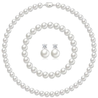 Pearl Necklaces for Women,8mm Pearl Necklace and Earring Bracelet Jewelry Set for Women Men Wedding Birthday Valentine Christmas Day Gifts - color: White