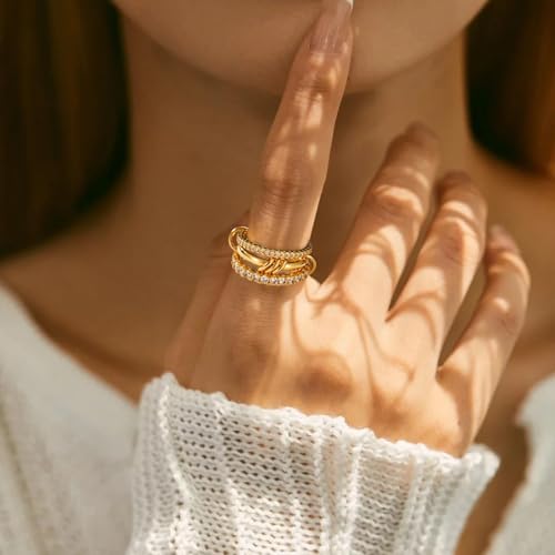 Gold Stackable Rings for Women Non Tarnish, Dainty Stackable 18k Gold Plated CZ Cubic Zirconia Rings, Gold Knuckle Women Rings Set - color: G, size: 7