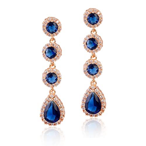 Women's Cubic Zirconia Bridal Earrings - Elegant Long Wedding Party Prom Earring for Bride Bridesmaids Crystal CZ Rhinestone Chandelier Statement Dangle Drop Earrings for girls - color: Blue-gold