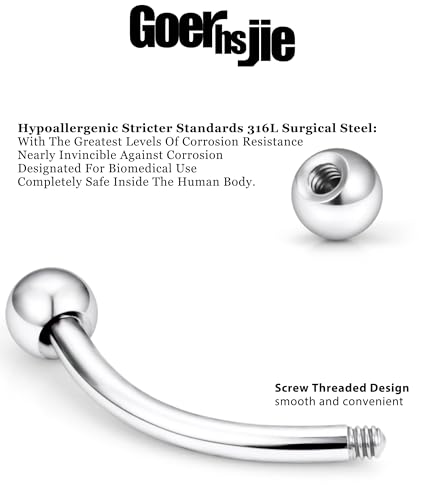 16g 6/8/10/12mm Silver/Black Eyebrow/Rook/Snug/Vertical-Labret/VCH/Snake-Eyes/Anti-Tragus/Christina/Daith/Belly-Button/Bridge/Hood/Surface Curved Barbell Piercing Jewelry for Women Men - color: Silver