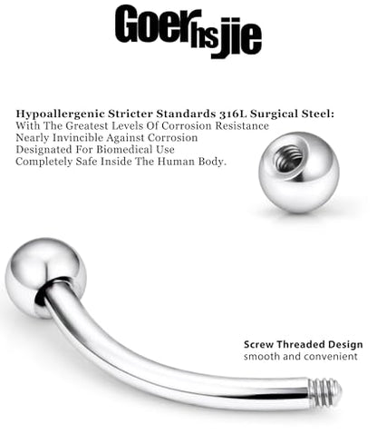 16g 6/8/10/12mm Silver/Black Eyebrow/Rook/Snug/Vertical-Labret/VCH/Snake-Eyes/Anti-Tragus/Christina/Daith/Belly-Button/Bridge/Hood/Surface Curved Barbell Piercing Jewelry for Women Men - color: Silver