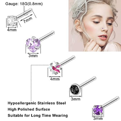 36-44 Pcs 18G 20G Nose Rings Studs Nose Rings for Women Nose Piercings Jewelry Surgical Stainless Steel Nose Studs Moon Star Heart Butterfly Hypoallergenic Body Piercing Jewelry for Women Men - color: 18G Colorful D-Straight- 40 Pcs