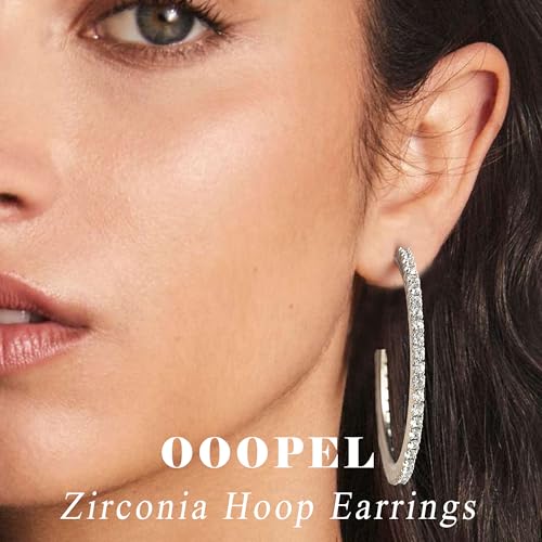 925 Sterling Silver Earrings Large Rhinestone Hoop Earrings Big Cubic Zirconia Hoop Earrings Thin Rhinestones Round Hoop Earrings for Women 20/30/40/50/60/70mm Sparkly Hoops With Crystals for Womens - color: 50mm-Silver