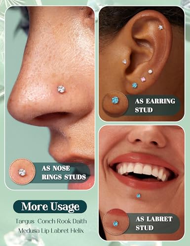 Nose Rings Studs Flat Back Earrings Hypoallergenic - Threadless Surgical Steel Nose Ring Studs Cartilage Earring Monroe Nostril Labret Medusa Tragus Conch Helix Piercing Jewelry for Women Men 28Pcs - size: 16G-6MM
