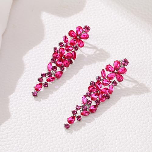 EleQueen Women's Sparkle Statement Clip-On Chandelier Earrings | Marquise Crystals Earrings for Women, Art Deco Prom Jewelry for Wedding Bride Bridesmaid - color: Hot Pink Silver-Tone