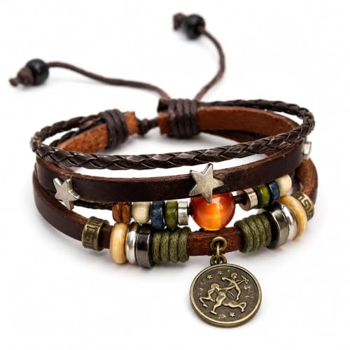 Zodiac Bracelet for Men Women, Adjustable Faux Leather Braided Wrap Bracelet with Vintage Astrology Charm, Gift Jewelry - style: Sagittarius