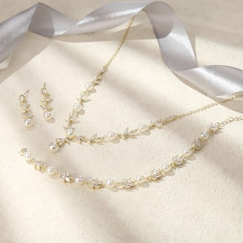 EVER FAITH Cubic Zirconia Pearl Leaf Bridal Jewelry Set for Bride Women | White Wedding Prom Necklace Dangle Earrings Bracelet, for Bridesmaid - color: Marquise_Gold-Plated-Brass