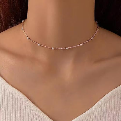 Gold Pearl Necklace For Women - 14K Gold Plated Layered Herringbone Chain Pearl Necklace, Trendy Simple Gold Jewelry Gift - color: Pearl Choker-Silver
