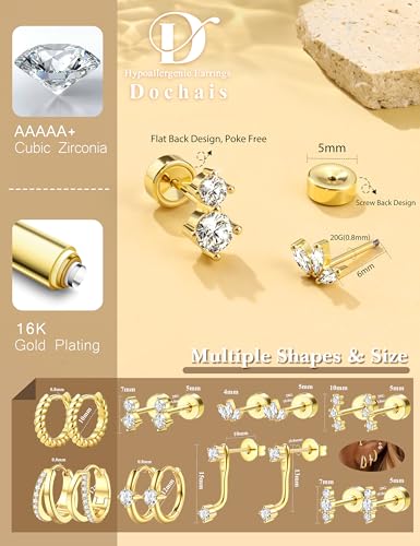 Gold Earrings for Women Flat Back Earrings Hypoallergenic Earring Stacks | 14K Gold Plated Surgical Stainless Steel Earring Set Chain Cartilage Earrings - Helix Piercing Jewelry for Women Trendy Gold - color: Gold 1