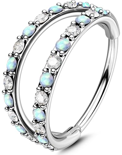OUFER 20G Nose Rings for Women, 316L Surgical Steel Double Hoop Nose Piercing Jewelry, Opal and CZ Septum Lip Eyebrow Cartilage Conch Rook Helix Tragus Daith Earrings Piercing Jewelry-6/7/8MM - color: Silver