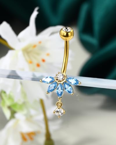 Lotus Belly Button Rings, 14G Dangle Belly Navel Rings for Women, Stainless Steel Belly Navel Piercing Jewelry - color: YGBL-10MM