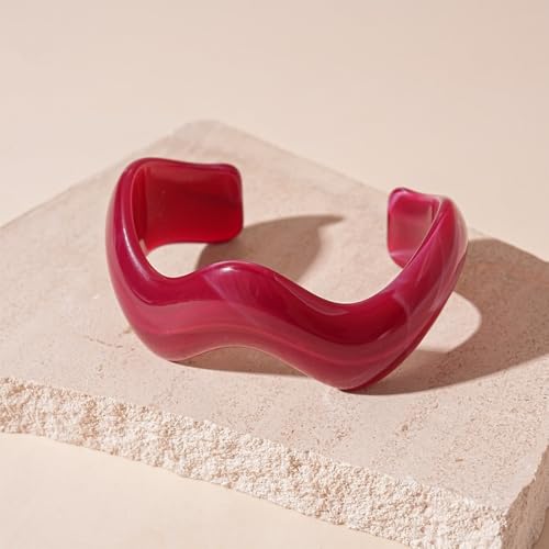 Creative Wave-shaped Opening Cuff Bracelets Statement Colorful Geometric Chunky Bangle Bracelets Acrylic Resin Irregular Wristbands for Beach Vacation Jewelry - color: Rose Red