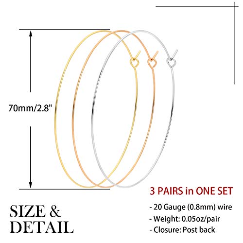 3 Pairs Thin Extra Large Hoop Earrings Set，Fashion Huge Gold Hoops 18k Gold Plated Lightweight Stainless Steel Hoops Big Geometric Round Gold Hoop Earrings Set Minimalist Jewelry for Women - size: 70MM