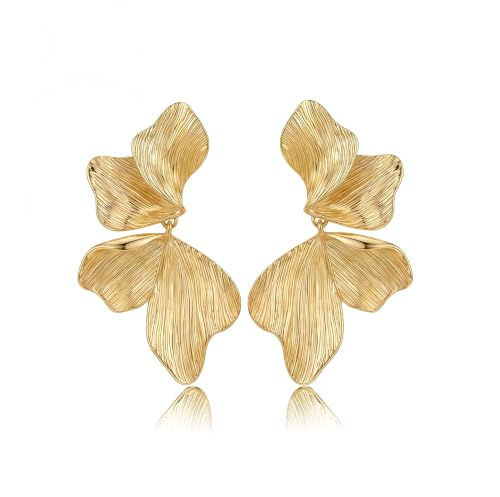 Chunky Gold Plated Flower Statement Drop Earrings for Women | Hypoallergenic 18K Gold Plated Textured Petal Wing, Large Statement Dangle Earrings for Wedding Party - color: Gold