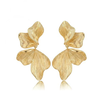 Chunky Gold Plated Flower Statement Drop Earrings for Women | Hypoallergenic 18K Gold Plated Textured Petal Wing, Large Statement Dangle Earrings for Wedding Party - color: Gold
