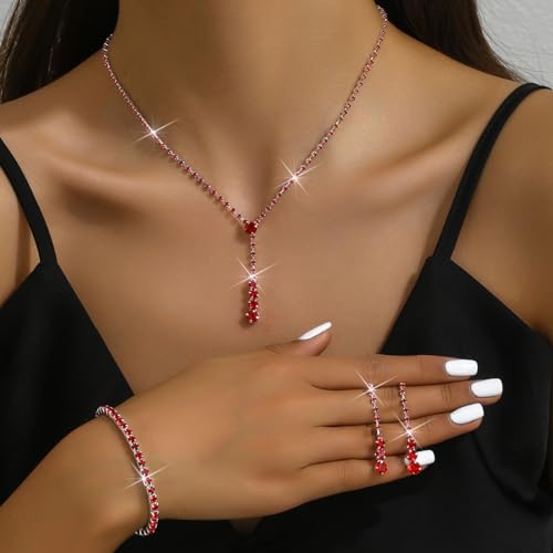 MIFYNN Rhinestone Wedding Set for Women Sparkle Crystal Earrings Necklace Bracelet Jewelry Set Wedding Party Prom Jewelry Set for Brides Bridesmaid - color: Red
