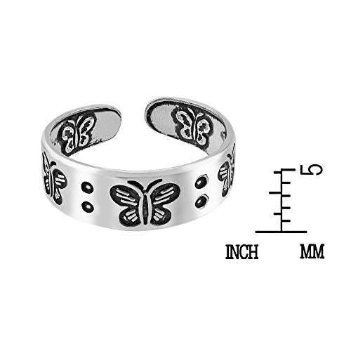 AeraVida .925 Sterling Silver Adjustable Toe Ring or Pinky Ring 5mm Wide Open Band, Stackable Minimalist Summer Foot Jewelry | Sun Moon Star Turtle Butterfly Leaf Olive Branch Ocean Wave Yin Yang Design - style: Butterfly