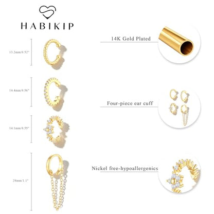 14K Gold Plated Ear Cuff Earrings for Women, Dainty Ear Cuffs Non Piercing Clip on Earrings Trendy Non pierced Cubic Zirconia Fake Hoop Earring Jewelry Sets for Women - color: Gold-4