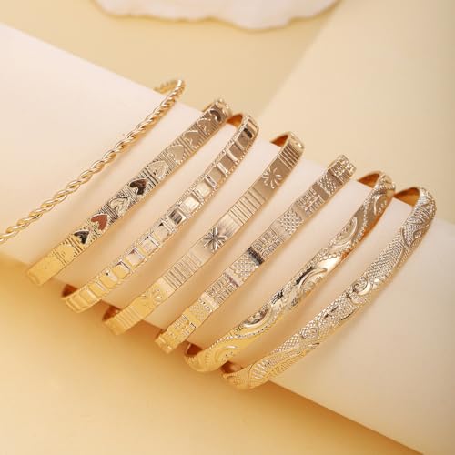 Gold Bangle Bracelets for Women, 14k Gold Plated Multi Layer Textured Stackable Open Bracelet Set Boho Indian Bangles Stackable Set Trendy Elegance Charms Non Tarnish Minimalist Bangle Pack - style: Gold 7Pcs