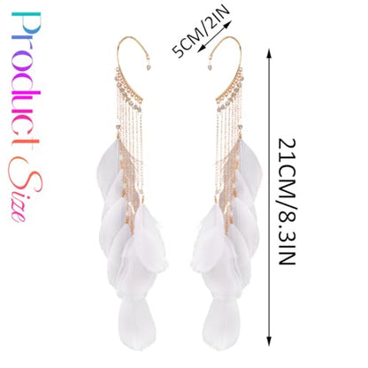 Catery Feather Earrings Long Tassel Boho Earrings Dangling Fringe Prom Jewelry for Women - color: White