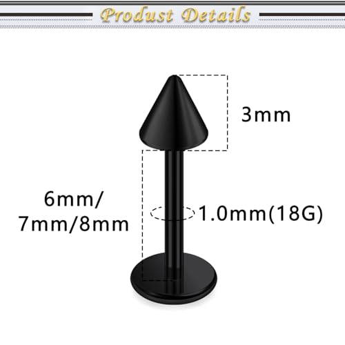 Internally Threaded Labret Studs 18G 16G 14G Surgical Steel Lip Piercing Jewelry with Claw Tool Monroe Snake Bite Jewelry Flat Back Barbell for Women Men Plus Piercing Ball Grabber Tool - color: black, size: 18g,spike end