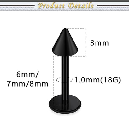 Internally Threaded Labret Studs 18G 16G 14G Surgical Steel Lip Piercing Jewelry with Claw Tool Monroe Snake Bite Jewelry Flat Back Barbell for Women Men Plus Piercing Ball Grabber Tool - color: black, size: 18g,spike end