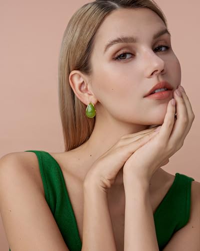 SNGIA Oval C Shape Chunky Dangle 18K Gold Plated Hoops with Colored Resin Gemstone Statement Earrings for Women by SNGIA, (Green, Brown, Blue, Pink, White, Cream), Long Bold Drop Handmade Exaggerated Irregular Trendy Bohemian Jewelry Gifts, Unique Danglin