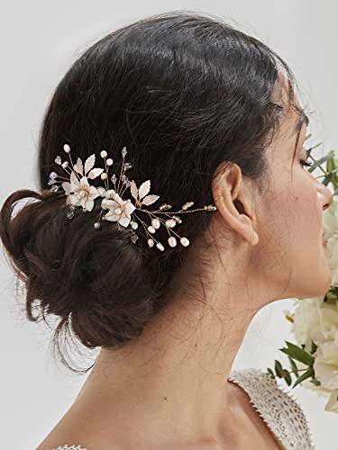 SWEETV Wedding Hair Comb for Bridal Hair Accessories, Handmade Flower Bridal Hair Clip Hair Pieces, Gold, 5.12 *2.75 inches, 1 Count (Pack of 1) | Handmade Wedding Hair Accessories Wedding Hair Pieces for Brides, Wedding Hair Clip Bridal Hair Comb Gold 5.
