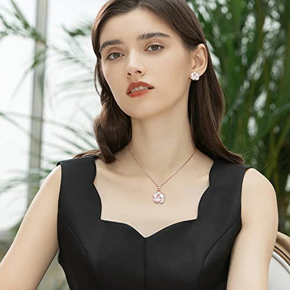 EleQueen Rose Flower Necklace Earrings Bracelet Set for Women - color: White-Rose Gold