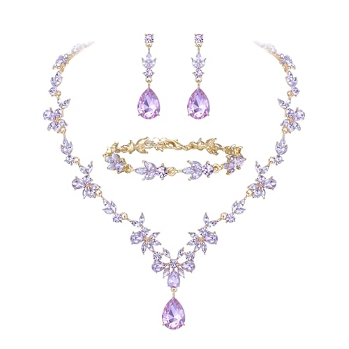 BriLove Wedding Jewelry Set for Women,Gorgeous Crystal Bridal Accessories | Y-Necklace Tennis Bracelet Dangle Earrings Set,Shiny Teardrop Marquise Cluster,Prom Party Jewelry,for Bride Bridesmaid - color: Light Purple Gold-Plated-Base