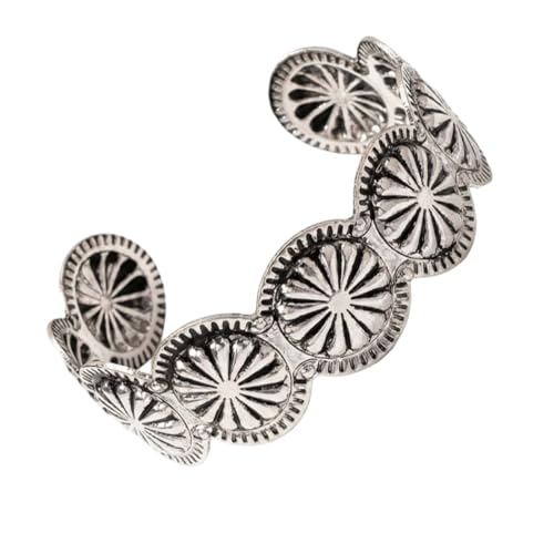 ASIJUNTYECHO Silver Western Bracelet, Concho Cuff Bracelets for Women | Alloy with antique distressed finish, sunburst concho engraving, adjustable open cuff, western silver bracelet for cowgirls