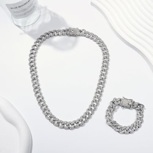 NEWITIN 13 Pieces Silver Jewelry Set for Women Stainless Steel Cuban Link Necklaces Bracelets Earrings Watch Ring Bling Cubic Zirconia Cuban Jewelry Set for Women Men - color: Silver Jewelry Set B