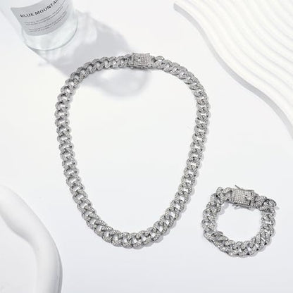 NEWITIN 13 Pieces Silver Jewelry Set for Women Stainless Steel Cuban Link Necklaces Bracelets Earrings Watch Ring Bling Cubic Zirconia Cuban Jewelry Set for Women Men - color: Silver Jewelry Set B