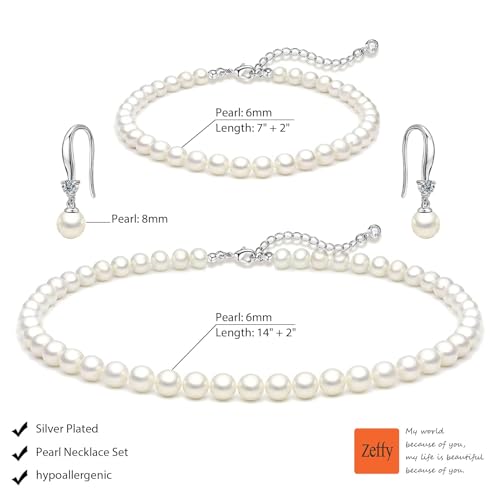 Zeffy Gold Pearl Necklace for Women, Dainty 14K Gold/Silve Plated Layered Pearl Choker Pearl Earrings Pearl Bracelets Wedding Trendy Gold Jewelry Set for Women Gifts - style: Silver Pearl Necklace&Earring&Bracelet-3PCS