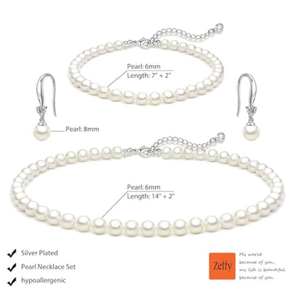 Zeffy Gold Pearl Necklace for Women, Dainty 14K Gold/Silve Plated Layered Pearl Choker Pearl Earrings Pearl Bracelets Wedding Trendy Gold Jewelry Set for Women Gifts - style: Silver Pearl Necklace&Earring&Bracelet-3PCS