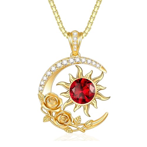 Midari 18K Yellow Gold Sun Moon Star Pendant Rose Flower Necklaces I Love You Forever Sun Moon Jewelry Gift for Mother Women - color: 01-Jan-Garnet, style: Sun&Moon