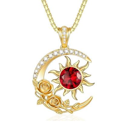 Midari 18K Yellow Gold Sun Moon Star Pendant Rose Flower Necklaces I Love You Forever Sun Moon Jewelry Gift for Mother Women - color: 01-Jan-Garnet, style: Sun&Moon