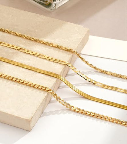 Gold Ankle Bracelets for Women 14K Gold Plated Waterproof Figaro Cuban Link Chain Anklets Set Adjustable Stackable Layered Dainty Ankle for Women Jewelry Graduation Gift for Her Mothers Day Gifts for Mom 4pcs 8.5"+1"