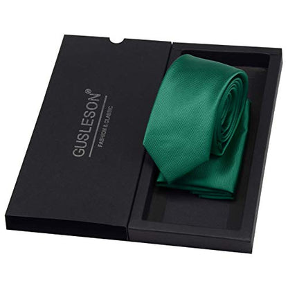 GUSLESON 2.4" Slim Necktie and Handkerchief Set For Men Solid Skinny Tie Set - color: Emerald Green
