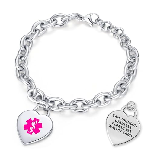 Custom Engraved Medical Alert ID Bracelet for Women | Heart Charm Medical ID Tag | Adjustable Curb Chain with Lobster Claw | Stainless Steel, Durable & Waterproof | Fits Wrists 8.5" (Silver) - style: Violet